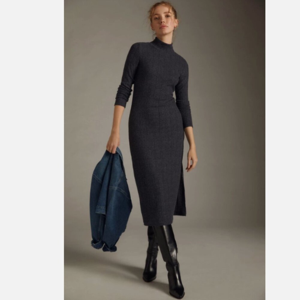 Anthropologie Daily Practice Turtleneck Side Split Rib Midi Dress Gray Size XXS